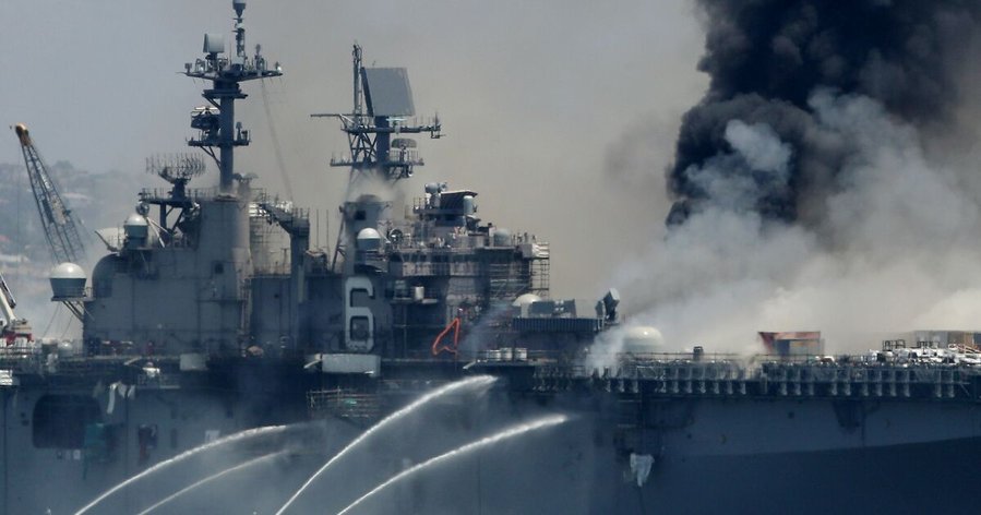 Fire still burning aboard Bonhomme Richard at Naval Base San Diego